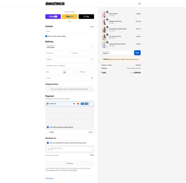 General Pants Co. checkout page showing General Pants Co. promo code box | Screenshot taken by SimplyCodes community member on Aug 27, 2025