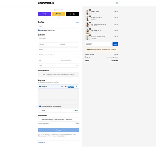General Pants Co. checkout page showing General Pants Co. promo code box | Screenshot taken by SimplyCodes community member on Sep 4, 2025
