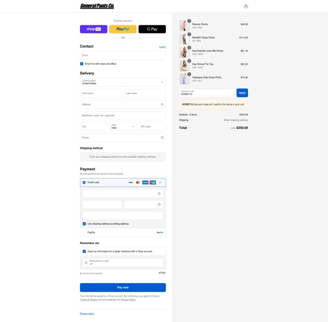General Pants Co. checkout page showing General Pants Co. promo code box | Screenshot taken by SimplyCodes community member on Aug 27, 2025