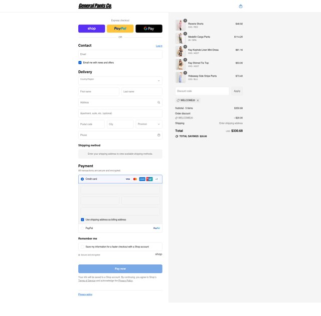 General Pants Co. checkout page showing General Pants Co. promo code box | Screenshot taken by SimplyCodes community member on Aug 31, 2025