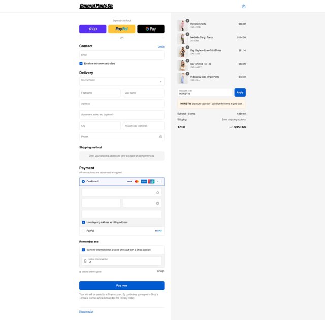 General Pants Co. checkout page showing General Pants Co. promo code box | Screenshot taken by SimplyCodes community member on Sep 4, 2025