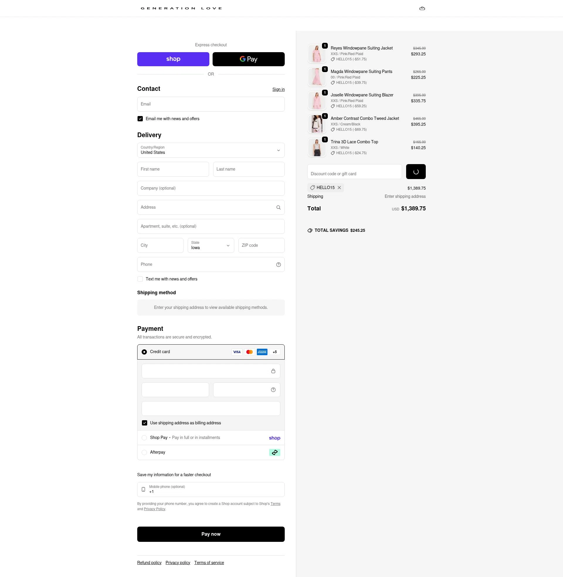 Generation Love Clothing checkout page showing Generation Love Clothing promo code box | Screenshot taken by SimplyCodes community member on Feb 18, 2026