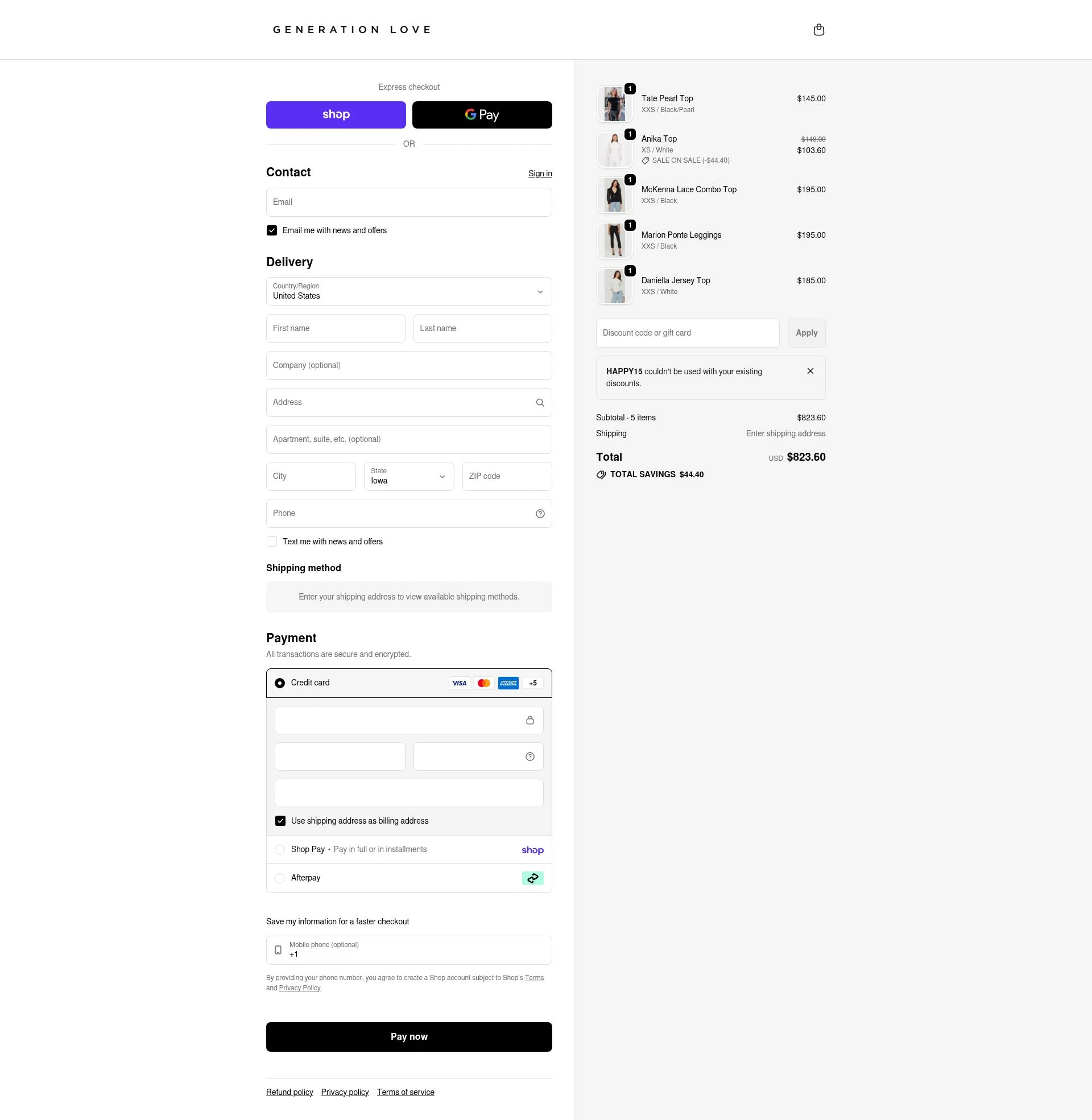 Generation Love Clothing checkout page showing Generation Love Clothing promo code box | Screenshot taken by SimplyCodes community member on Feb 14, 2026