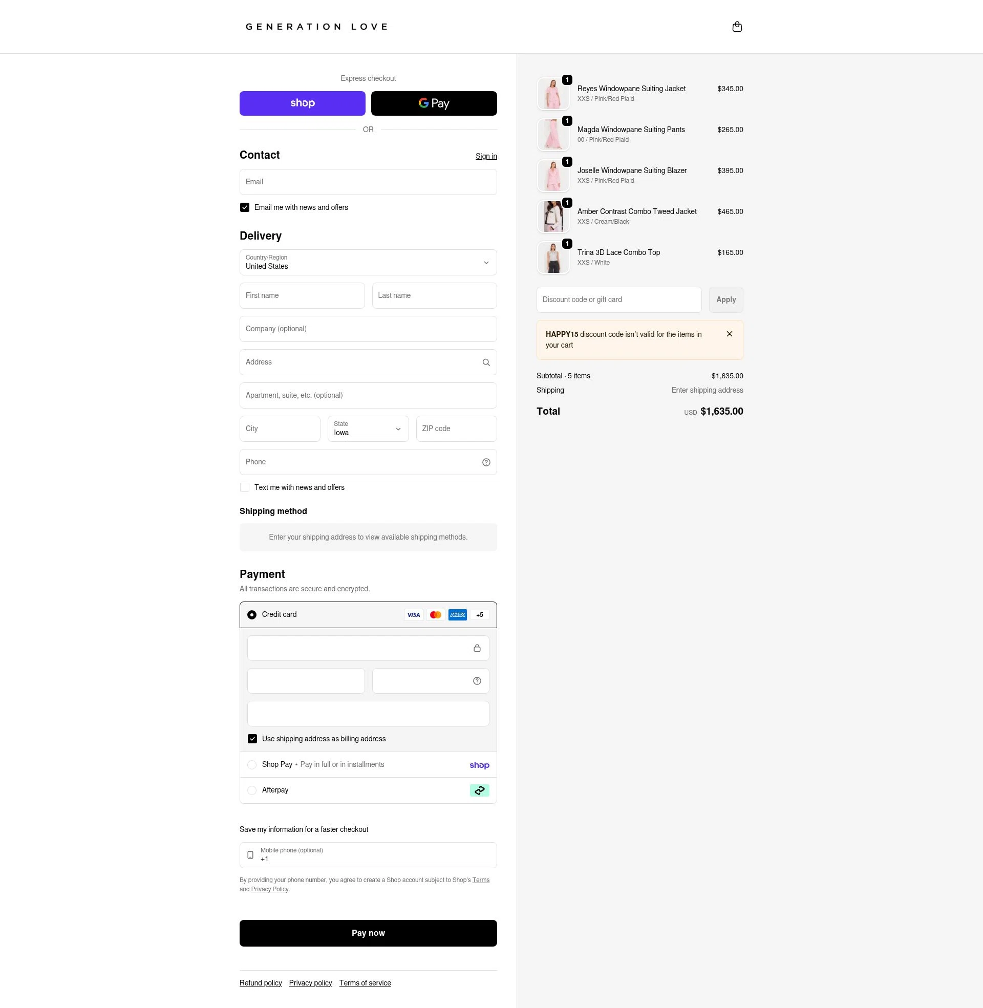 Generation Love Clothing checkout page showing Generation Love Clothing promo code box | Screenshot taken by SimplyCodes community member on Feb 18, 2026