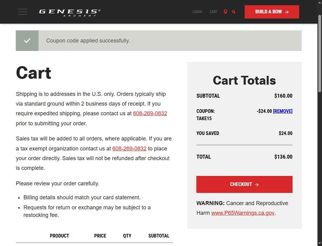 Genesis Archery checkout page showing Genesis Archery coupon code box | Screenshot taken by SimplyCodes community member on Jul 10, 2025