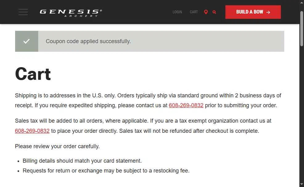 Genesis Archery checkout page showing Genesis Archery coupon code box | Screenshot taken by SimplyCodes community member on Jun 12, 2025