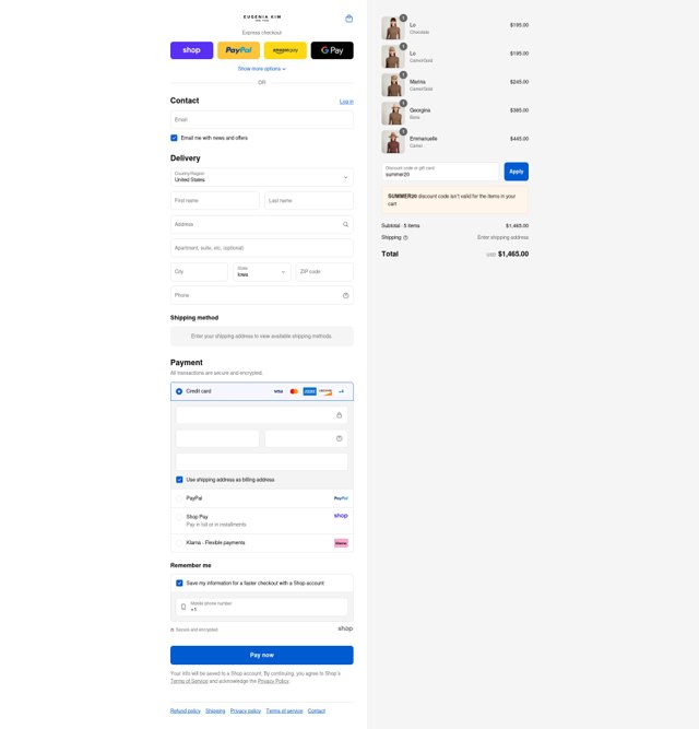 Eugenia Kim checkout page showing Eugenia Kim promo code box | Screenshot taken by SimplyCodes community member on Sep 2, 2025