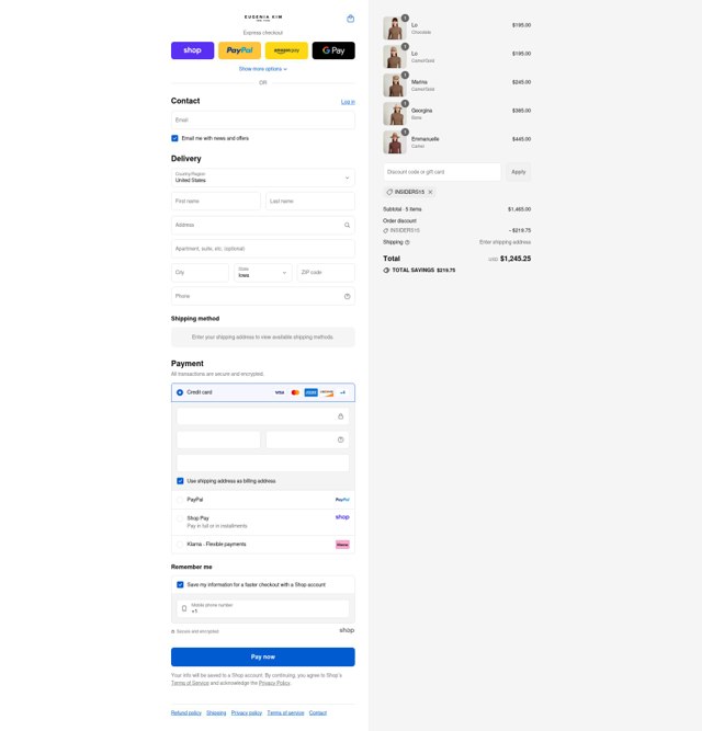 Eugenia Kim checkout page showing Eugenia Kim promo code box | Screenshot taken by SimplyCodes community member on Sep 2, 2025