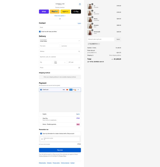 Eugenia Kim checkout page showing Eugenia Kim promo code box | Screenshot taken by SimplyCodes community member on Sep 2, 2025