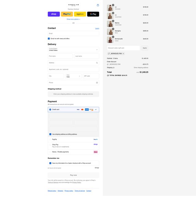 Eugenia Kim checkout page showing Eugenia Kim promo code box | Screenshot taken by SimplyCodes community member on Sep 2, 2025