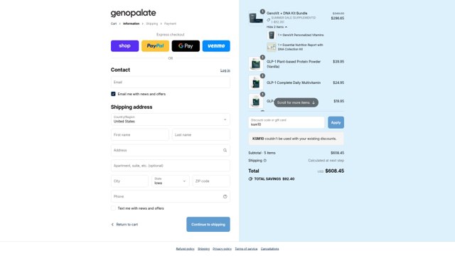 GenoPalate checkout page showing GenoPalate coupon code box | Screenshot taken by SimplyCodes community member on Sep 3, 2025