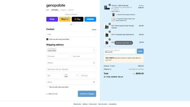 GenoPalate checkout page showing GenoPalate coupon code box | Screenshot taken by SimplyCodes community member on Sep 3, 2025