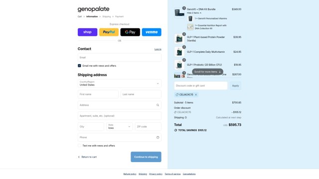 GenoPalate checkout page showing GenoPalate coupon code box | Screenshot taken by SimplyCodes community member on Sep 3, 2025