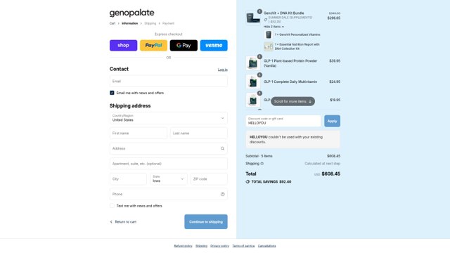 GenoPalate checkout page showing GenoPalate coupon code box | Screenshot taken by SimplyCodes community member on Sep 3, 2025