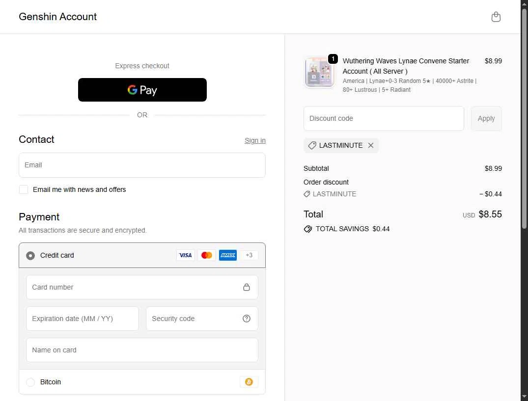 Genshin Account checkout page showing Genshin Account discount code box | Screenshot taken by SimplyCodes community member on Jan 16, 2026