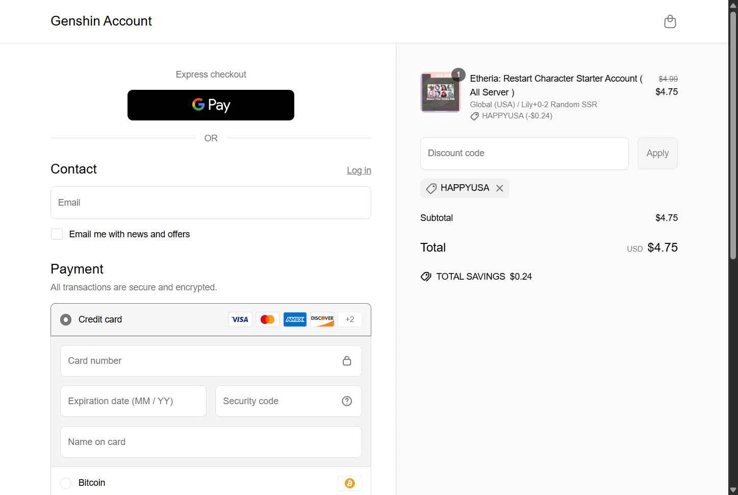 Genshin Account checkout page showing Genshin Account discount code box | Screenshot taken by SimplyCodes community member on Jun 30, 2025