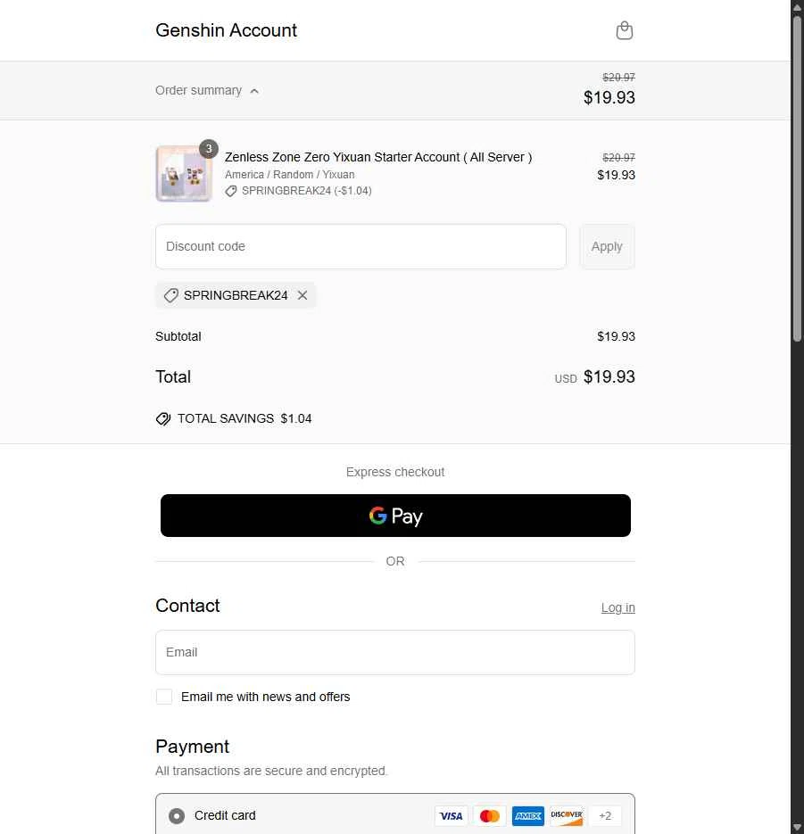 Genshin Account checkout page showing Genshin Account discount code box | Screenshot taken by SimplyCodes community member on Jun 30, 2025