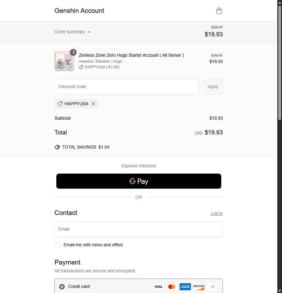 Genshin Account checkout page showing Genshin Account discount code box | Screenshot taken by SimplyCodes community member on Jun 30, 2025