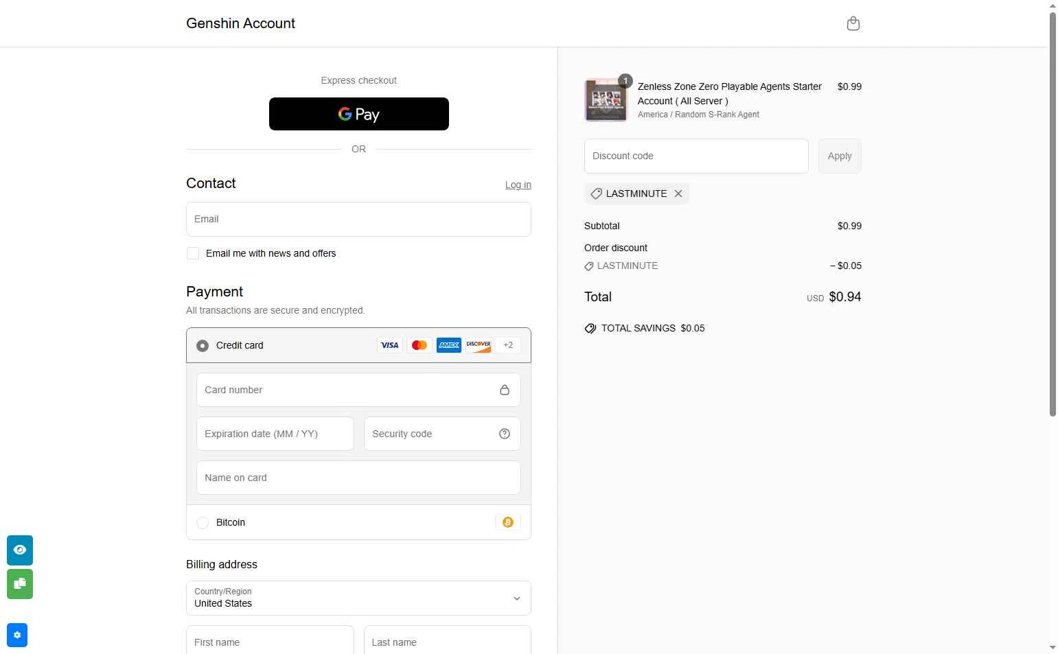 Genshin Account checkout page showing Genshin Account discount code box | Screenshot taken by SimplyCodes community member on Jun 30, 2025