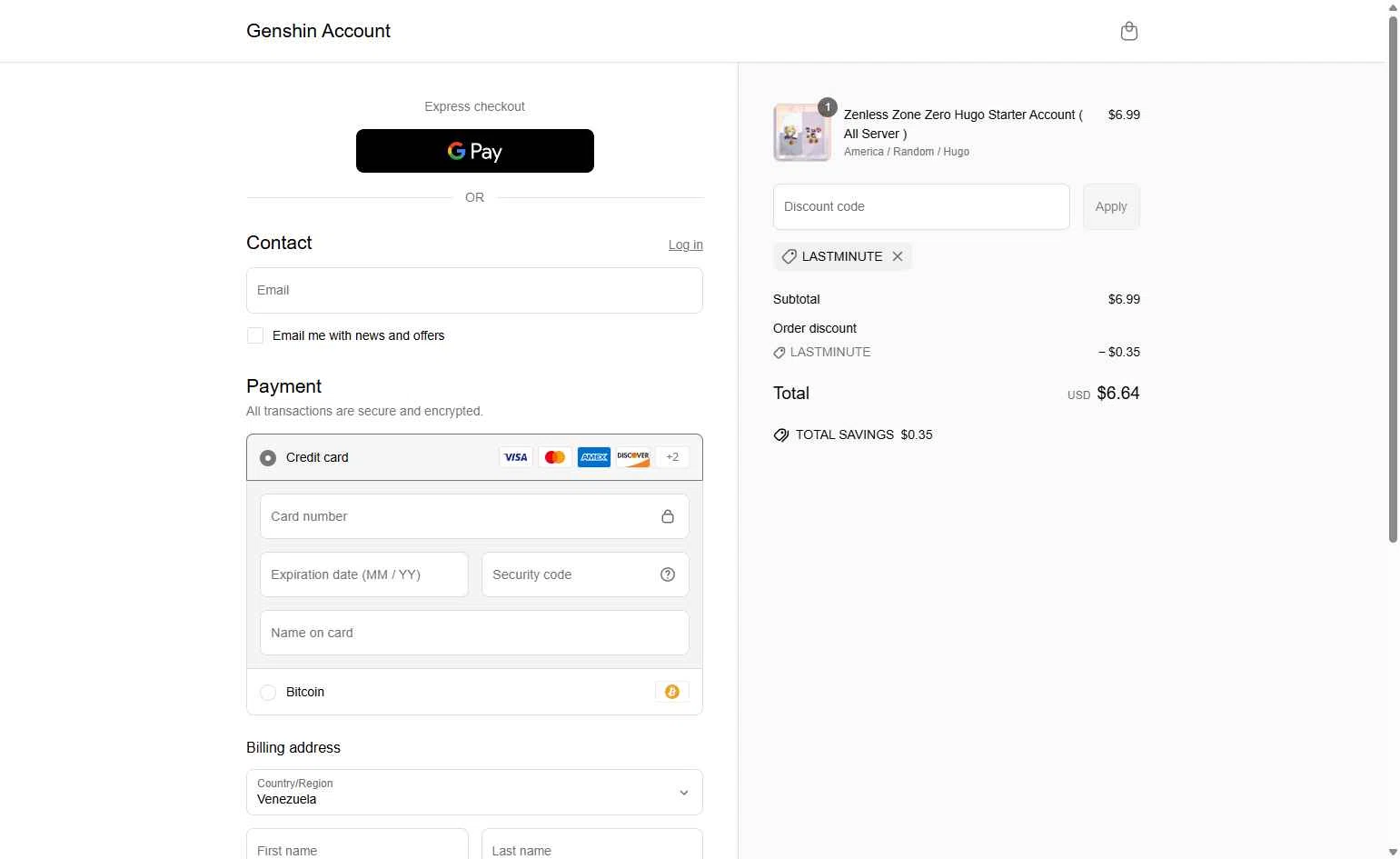 Genshin Account checkout page showing Genshin Account discount code box | Screenshot taken by SimplyCodes community member on Jun 30, 2025