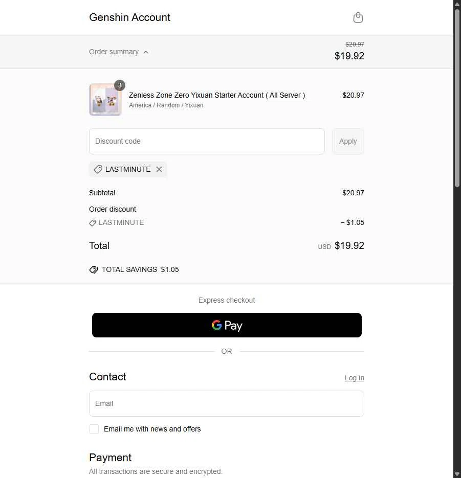Genshin Account checkout page showing Genshin Account discount code box | Screenshot taken by SimplyCodes community member on Jun 30, 2025