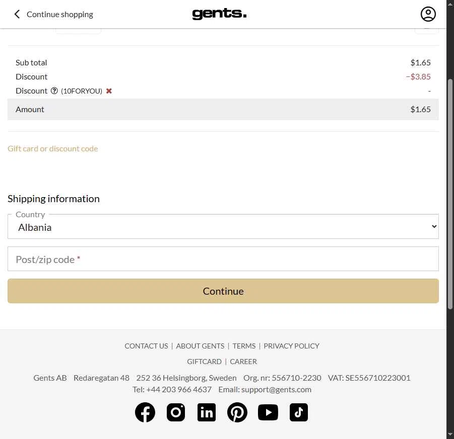 Gents. checkout page showing Gents. discount code box | Screenshot taken by SimplyCodes community member on Feb 4, 2026