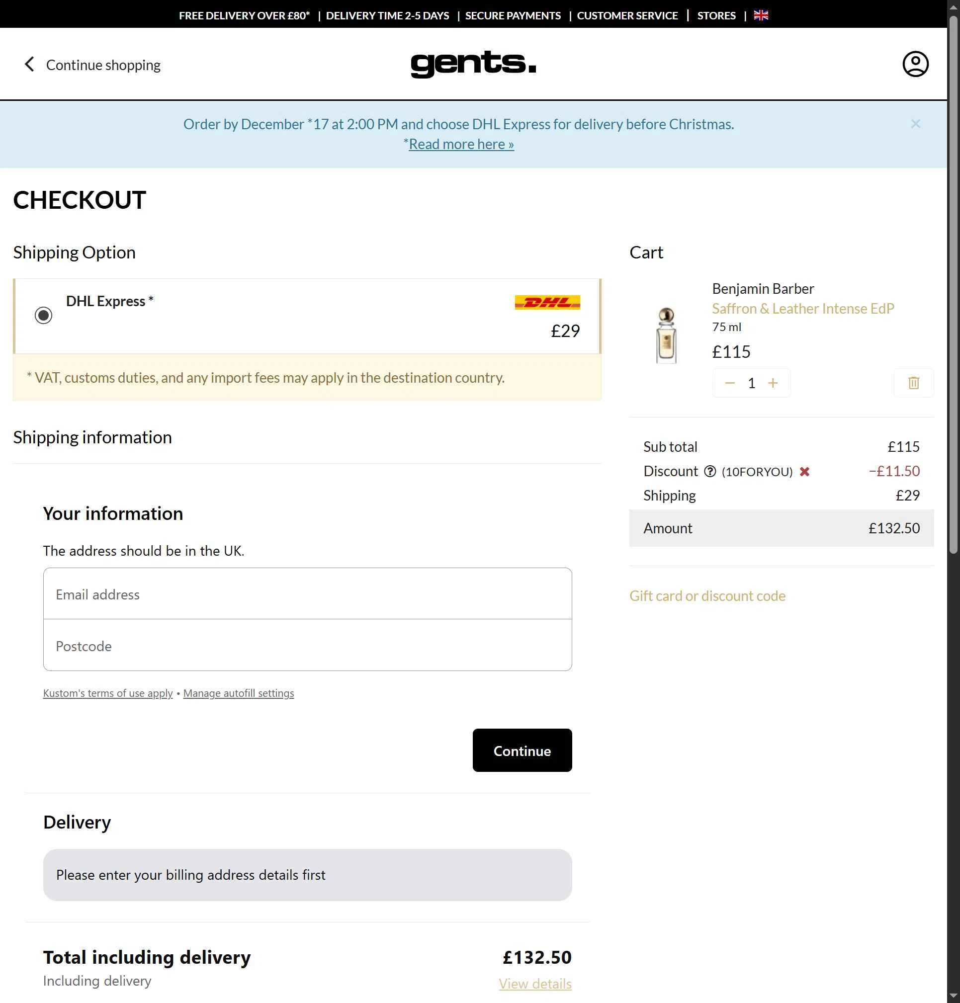 Gents. checkout page showing Gents. discount code box | Screenshot taken by SimplyCodes community member on Dec 8, 2025