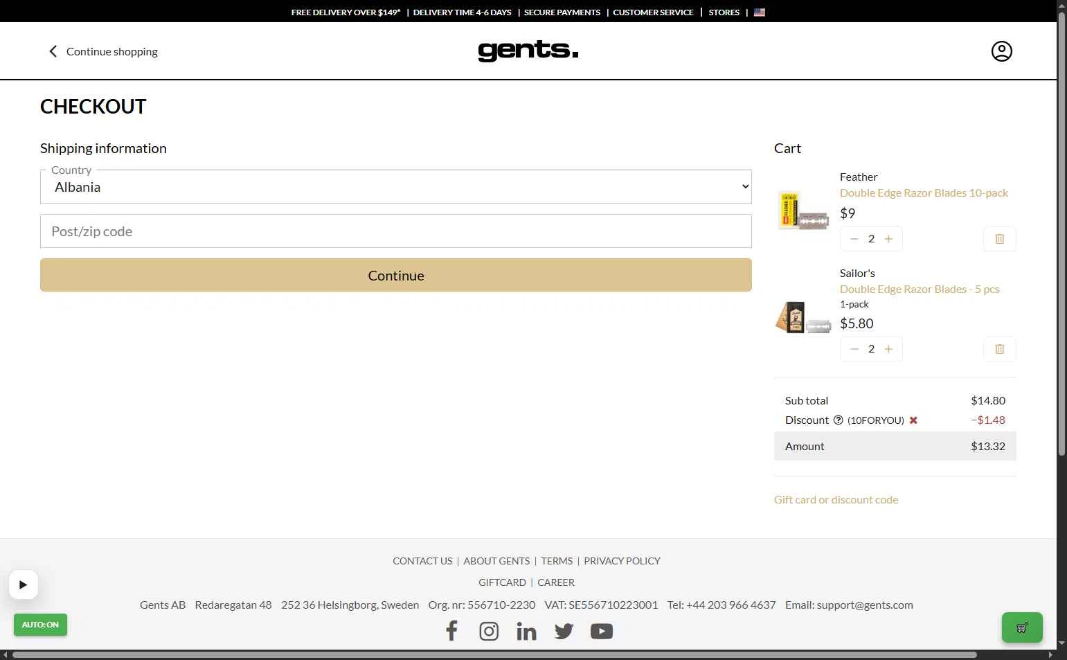 Gents. checkout page showing Gents. discount code box | Screenshot taken by SimplyCodes community member on Jan 6, 2026