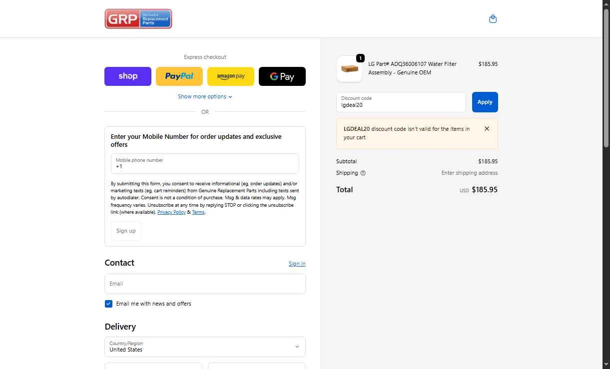 Genuine Replacement Parts checkout page showing Genuine Replacement Parts promo code box | Screenshot taken by SimplyCodes community member on Oct 20, 2025