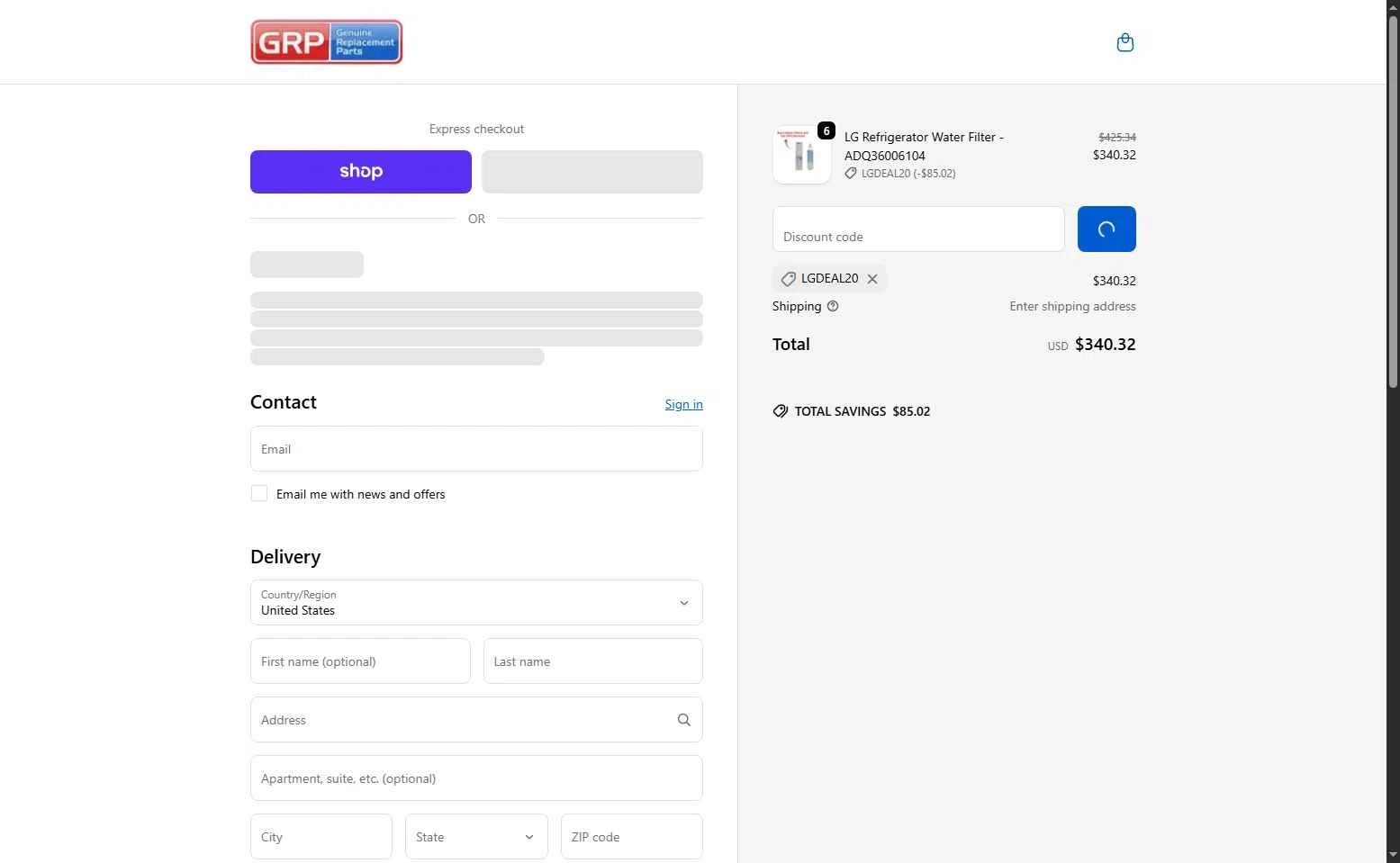Genuine Replacement Parts checkout page showing Genuine Replacement Parts promo code box | Screenshot taken by SimplyCodes community member on Oct 31, 2025