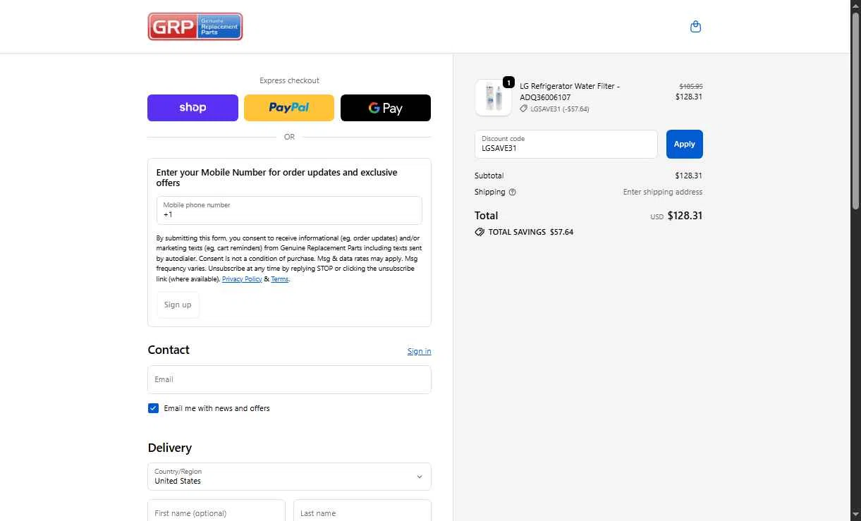 Genuine Replacement Parts checkout page showing Genuine Replacement Parts promo code box | Screenshot taken by SimplyCodes community member on Nov 20, 2025