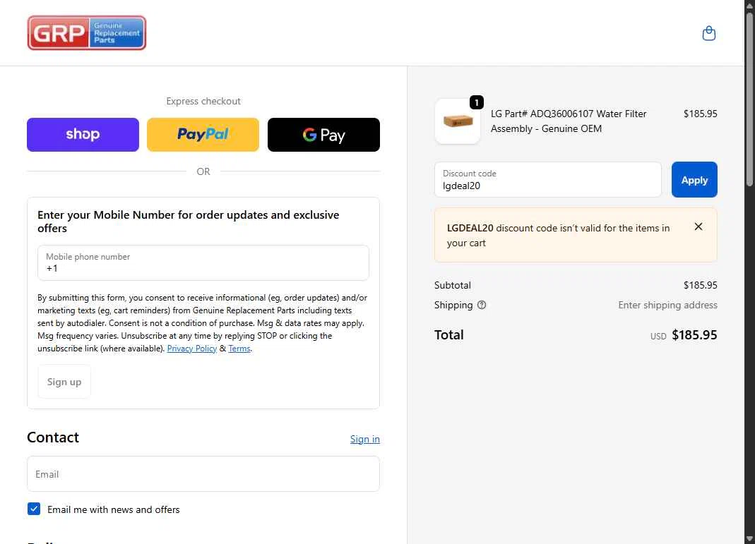 Genuine Replacement Parts checkout page showing Genuine Replacement Parts promo code box | Screenshot taken by SimplyCodes community member on Oct 20, 2025