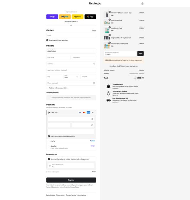 Geologie checkout page showing Geologie discount code box | Screenshot taken by SimplyCodes community member on Sep 14, 2025