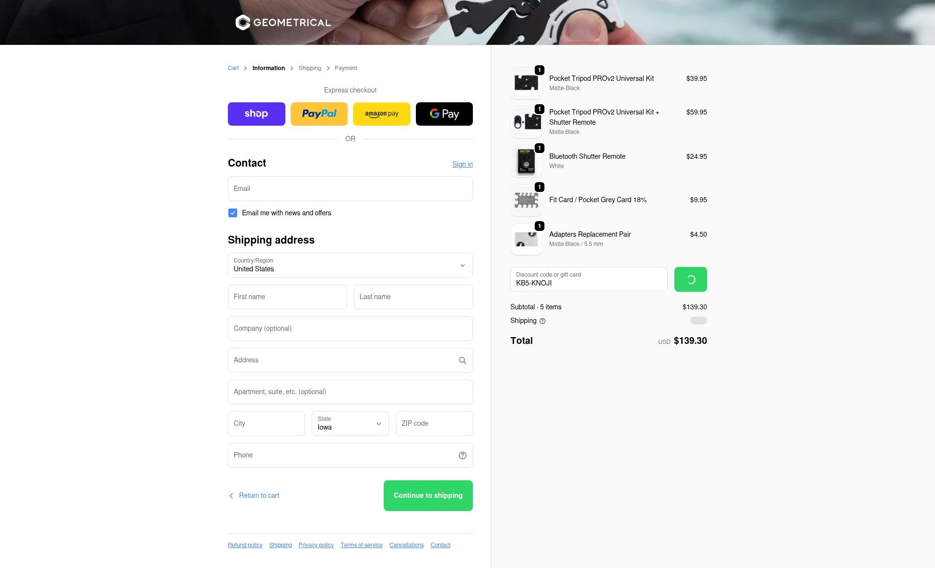 Geometrical Pocket Tripod checkout page showing Geometrical Pocket Tripod promo code box | Screenshot taken by SimplyCodes community member on Feb 11, 2026
