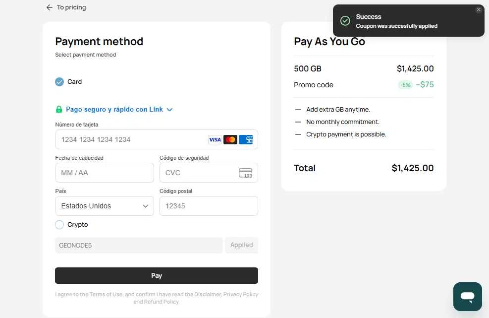 Geonode checkout page showing Geonode promo code box | Screenshot taken by SimplyCodes community member on Aug 9, 2025