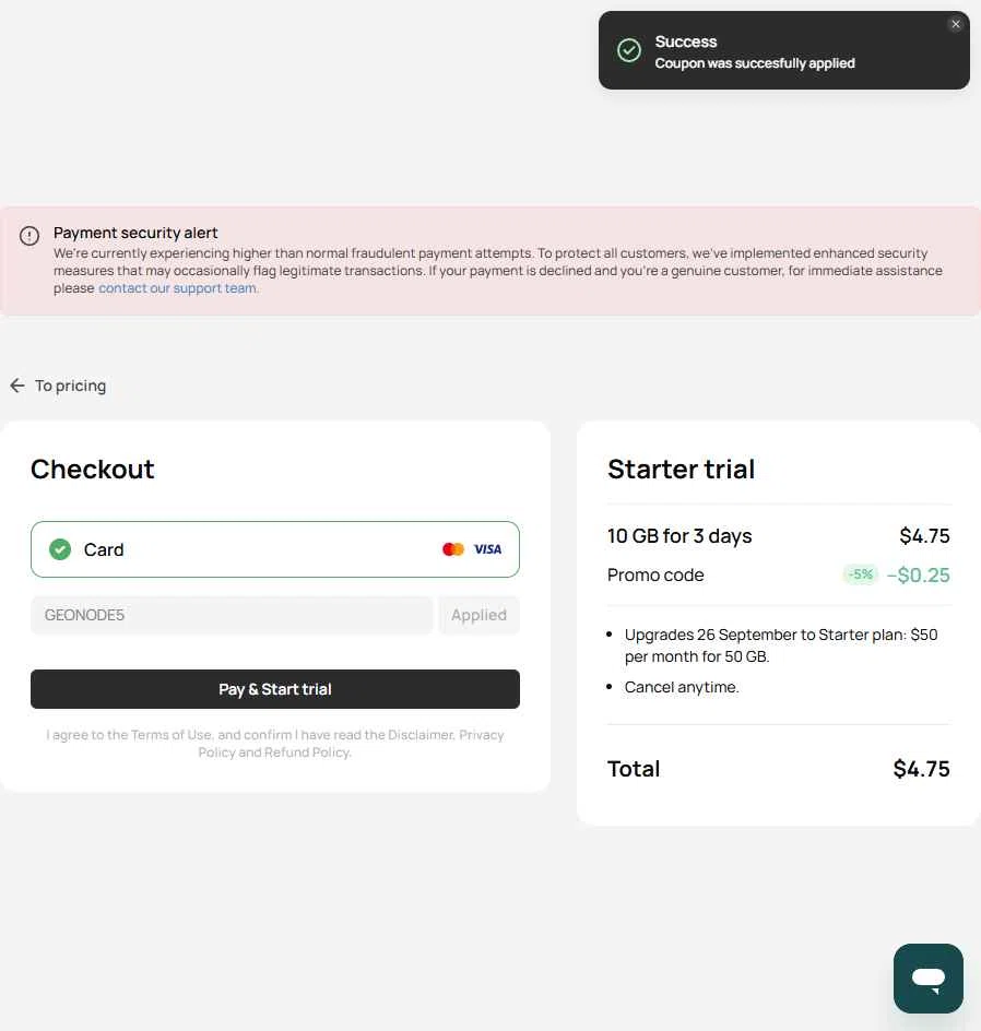 Geonode checkout page showing Geonode promo code box | Screenshot taken by SimplyCodes community member on Sep 23, 2025