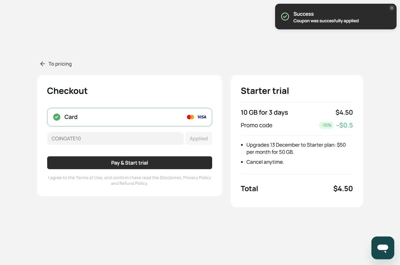 Geonode checkout page showing Geonode promo code box | Screenshot taken by SimplyCodes community member on Dec 10, 2025
