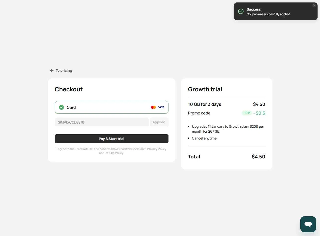 Geonode checkout page showing Geonode promo code box | Screenshot taken by SimplyCodes community member on Jan 8, 2026