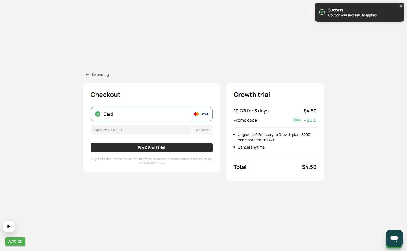 Geonode checkout page showing Geonode promo code box | Screenshot taken by SimplyCodes community member on Feb 6, 2026