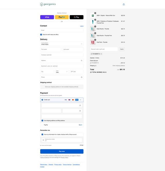 Georganics checkout page showing Georganics discount code box | Screenshot taken by SimplyCodes community member on Sep 7, 2025