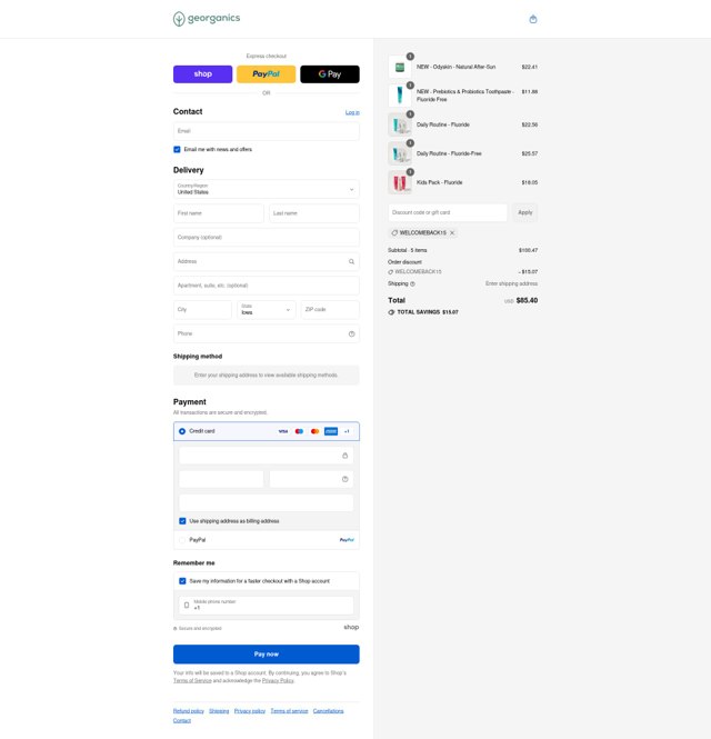 Georganics checkout page showing Georganics discount code box | Screenshot taken by SimplyCodes community member on Sep 3, 2025