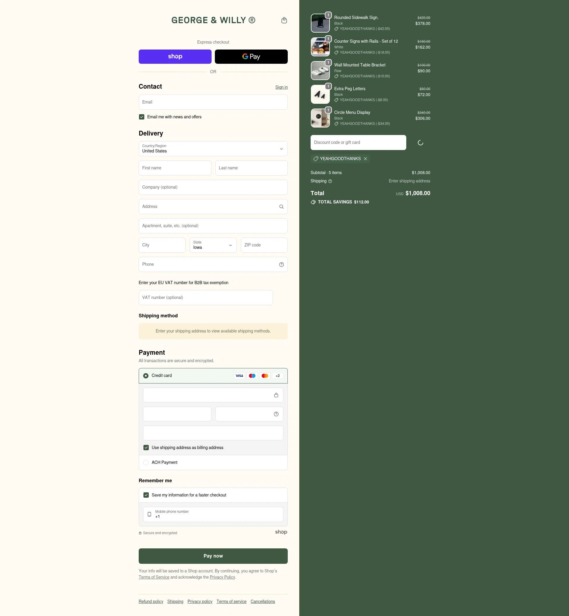 George and Willy checkout page showing George and Willy discount code box | Screenshot taken by SimplyCodes community member on Jan 27, 2026
