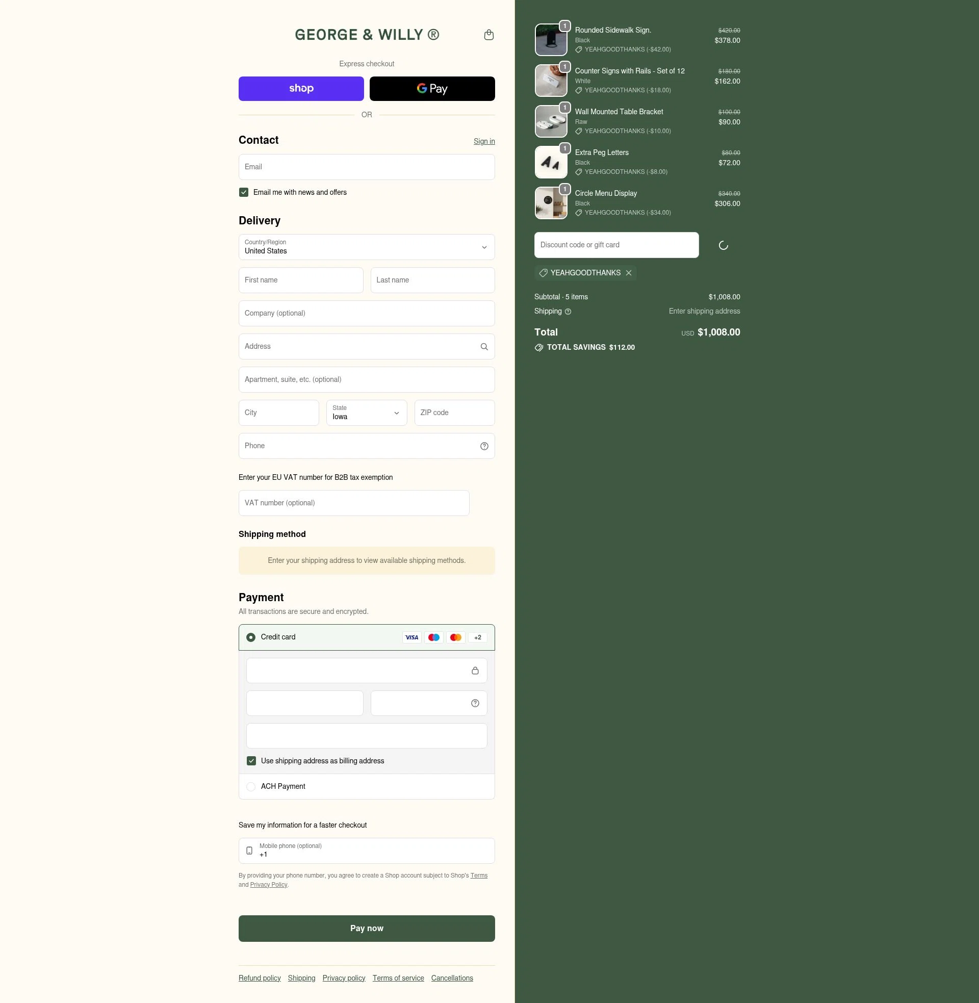 George and Willy checkout page showing George and Willy discount code box | Screenshot taken by SimplyCodes community member on Feb 1, 2026