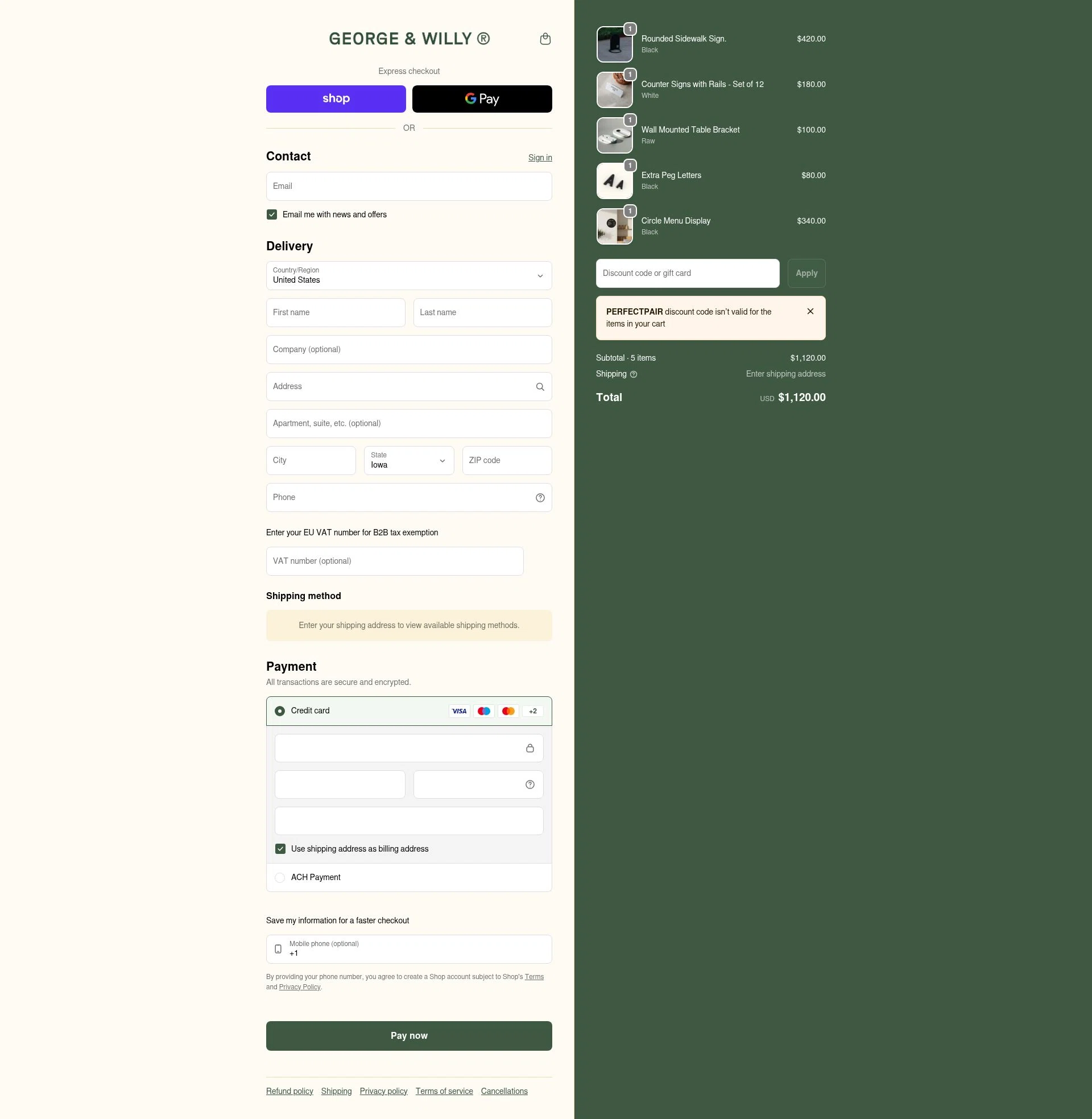 George and Willy checkout page showing George and Willy discount code box | Screenshot taken by SimplyCodes community member on Feb 1, 2026