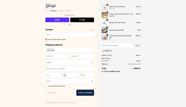 George Stone Crab checkout page showing George Stone Crab promo code box | Screenshot taken by SimplyCodes community member on Sep 7, 2025