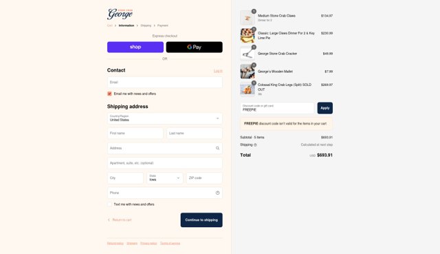 George Stone Crab checkout page showing George Stone Crab promo code box | Screenshot taken by SimplyCodes community member on Sep 7, 2025