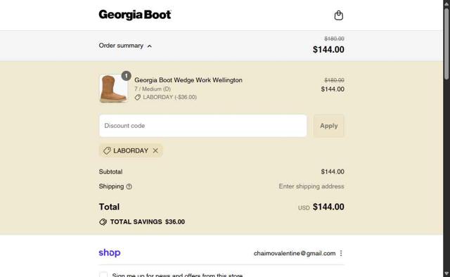 Georgia Boot checkout page showing Georgia Boot promo code box | Screenshot taken by SimplyCodes community member on Aug 29, 2025