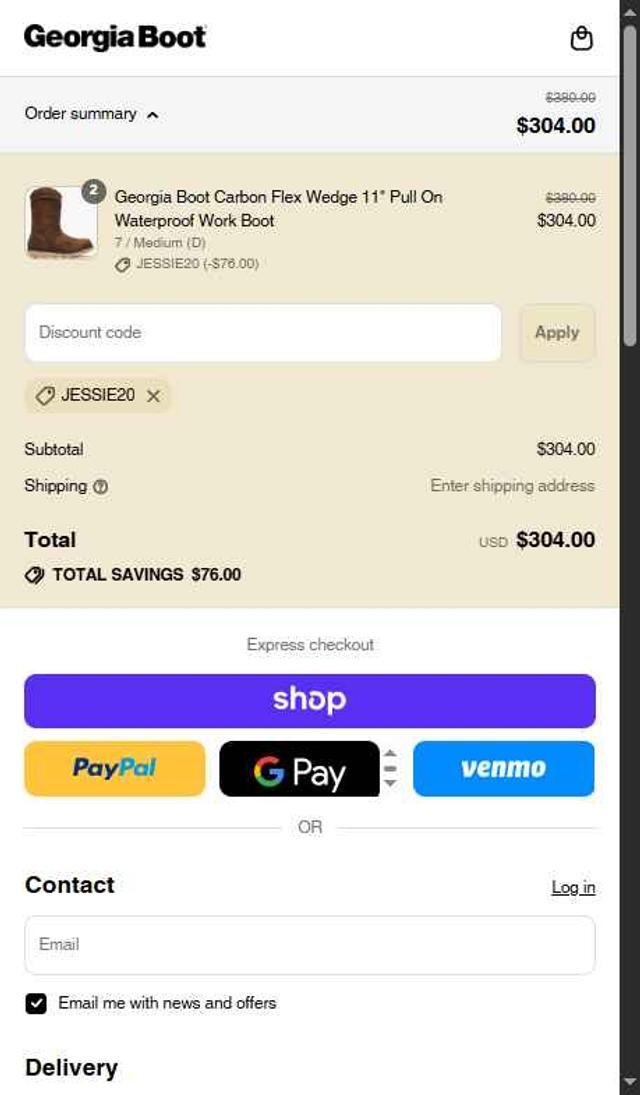 Georgia Boot checkout page showing Georgia Boot promo code box | Screenshot taken by SimplyCodes community member on Sep 1, 2025