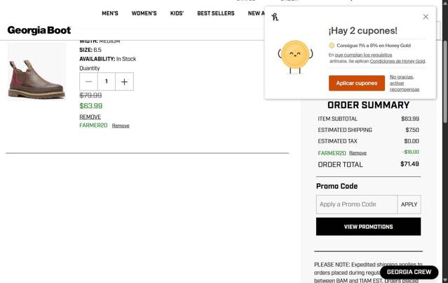 Georgia Boot checkout page showing Georgia Boot promo code box | Screenshot taken by SimplyCodes community member on Jul 25, 2025