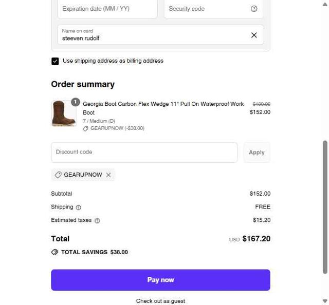 Georgia Boot checkout page showing Georgia Boot promo code box | Screenshot taken by SimplyCodes community member on Aug 2, 2025
